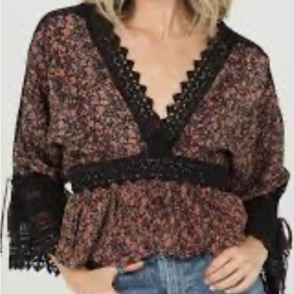 Angie Floral Black Lace Trim Women's Top